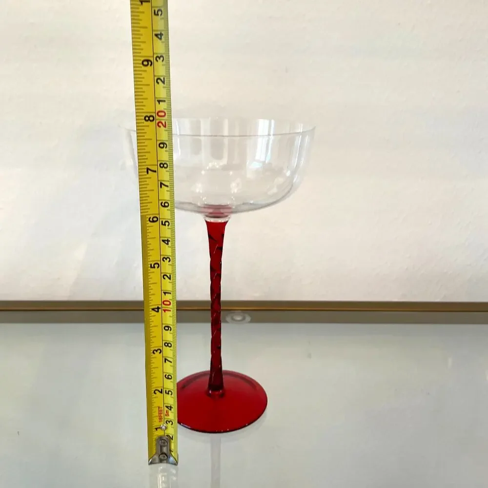 Set of 2 Coupe Martini Glasses with Ruby Red Textured Long Stem NEW